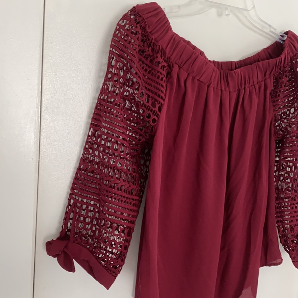 Express Off The Shoulder Burgundy Crochet Sleeve - Picture 6 of 10